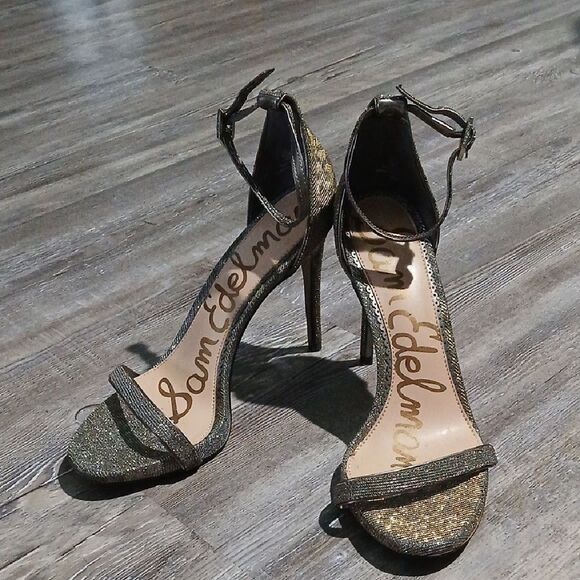 Sam Edelman Ariella Ankle Strap Metallic Silver Gold Stiletto Heels size 8.5 - Picture 1 of 7